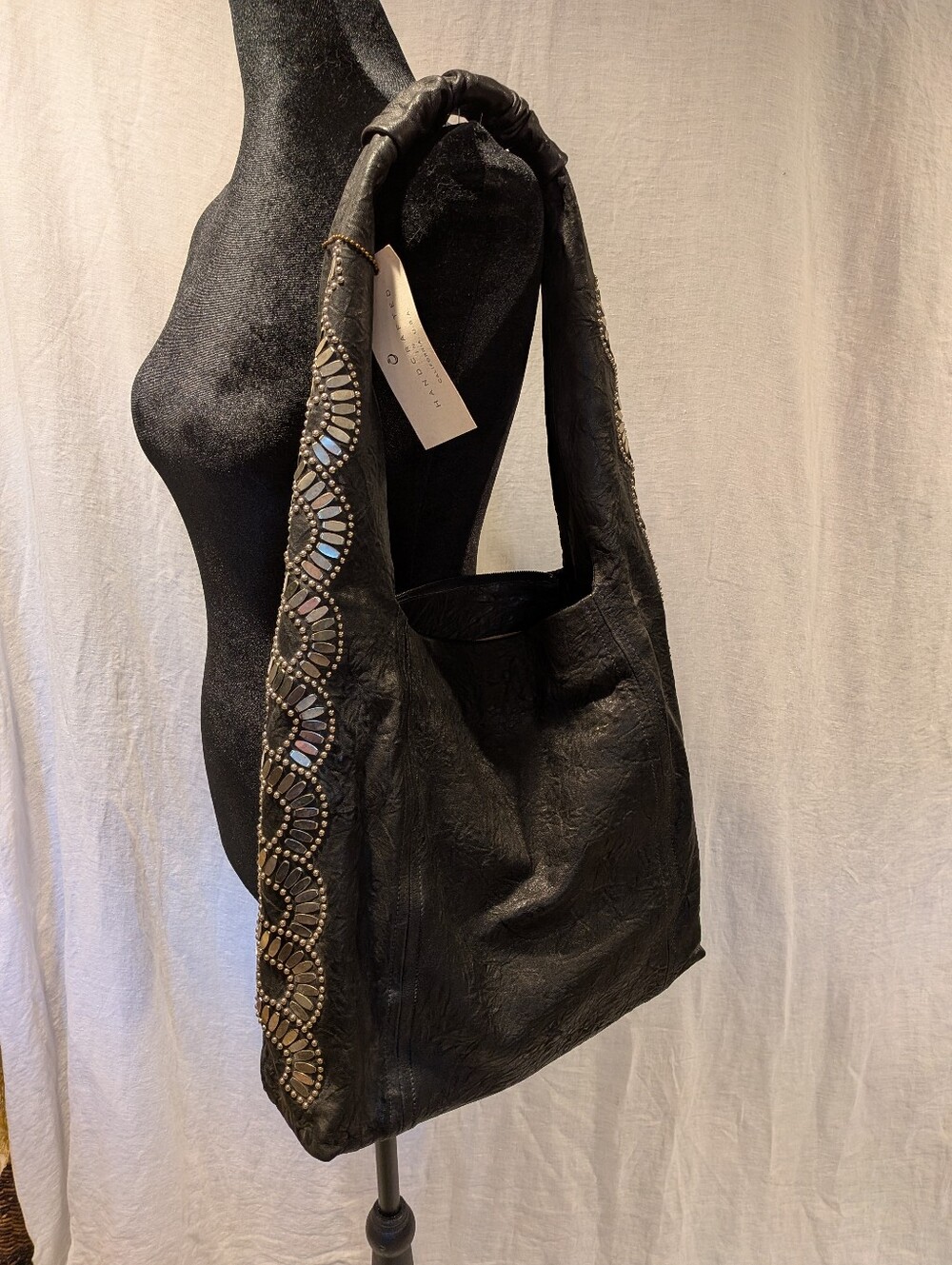 Calleen Cordero Black Leather Shoulder Hobo Bag with silver metal accents